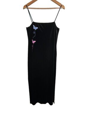 VTG 90s Status Collection Black Velvet Butterfly Maxi Dress L Whimsigoth Grunge